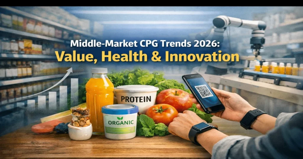 Middle-market CPG trends image with healthy food products, QR code scanning, and automated production line.