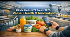 Middle-market CPG trends image with healthy food products, QR code scanning, and automated production line.