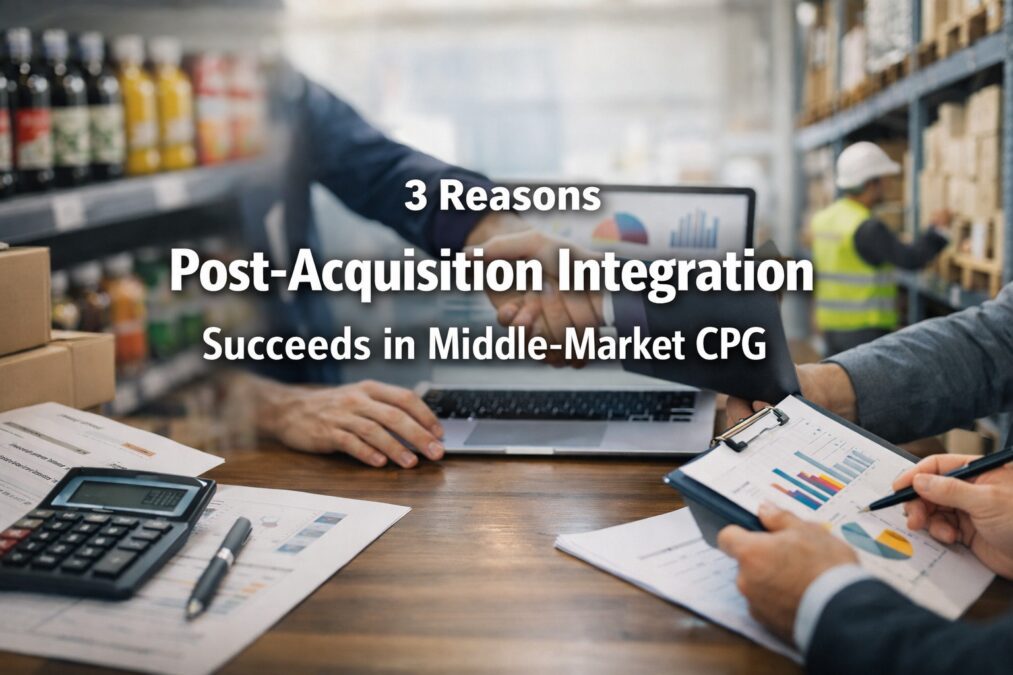 Business leaders reviewing charts during a handshake in a warehouse-office setting with the title “3 Reasons Post-Acquisition Integration Succeeds in Middle-Market CPG.