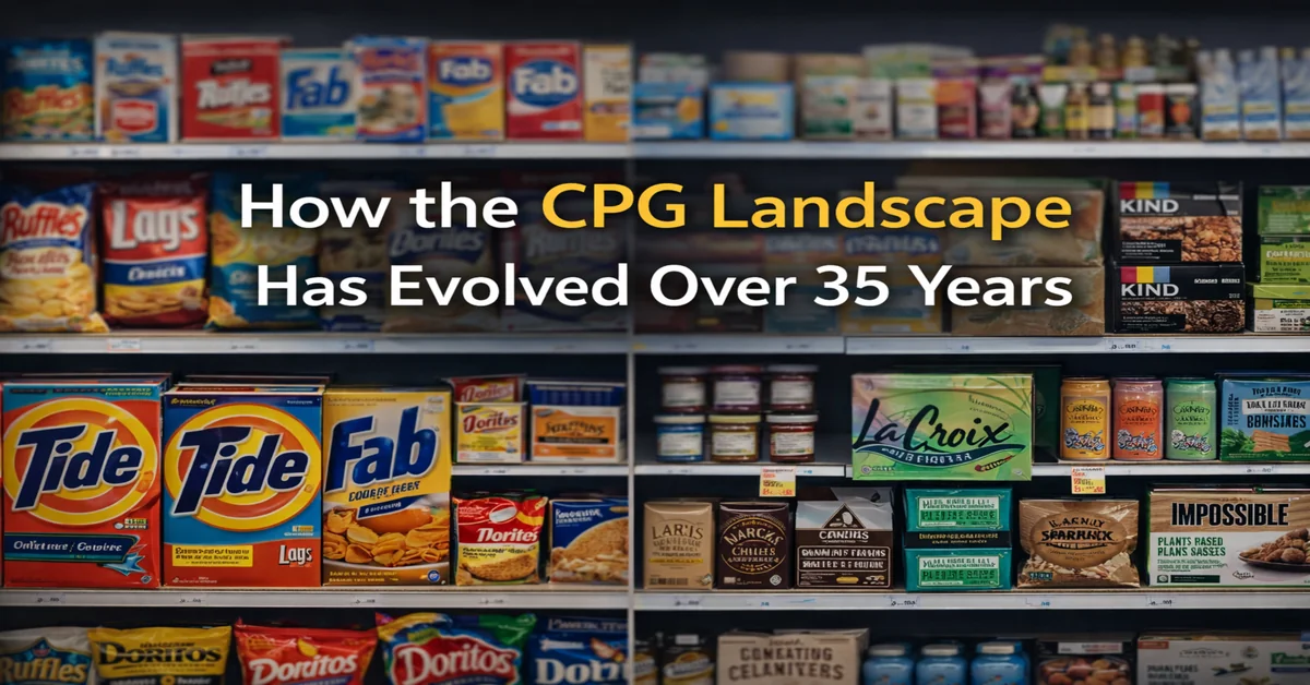 Retail shelf showing evolution of consumer packaged goods from traditional brands to modern health-focused products