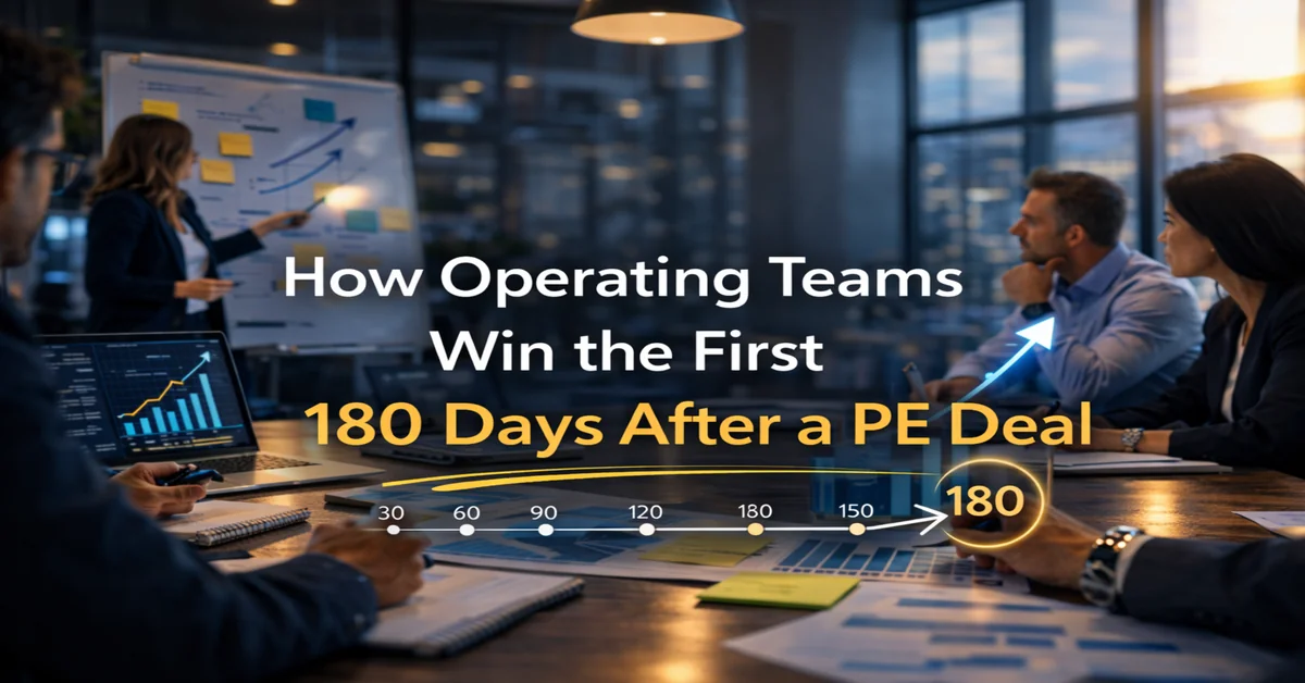 Private equity operating team meeting during first 180 days after acquisition reviewing strategy and growth metrics