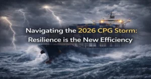 Cargo ship navigating stormy seas representing resilience in the 2026 CPG market environment