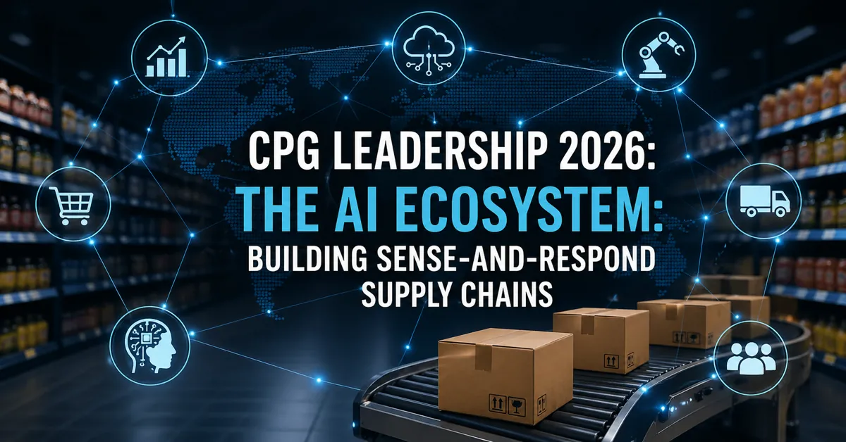 AI-powered CPG supply chain ecosystem with connected data nodes and automated logistics enabling real-time sense-and-respond operations in 2026